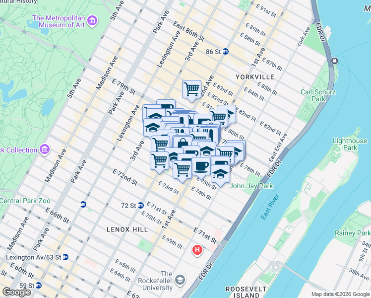 map of restaurants, bars, coffee shops, grocery stores, and more near 322 East 77th Street in New York