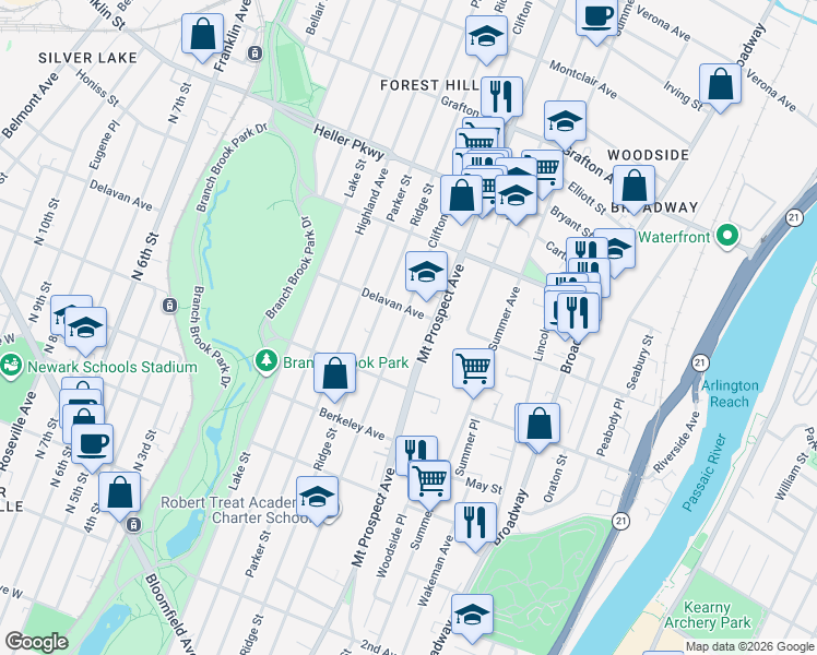 map of restaurants, bars, coffee shops, grocery stores, and more near 619 Clifton Avenue in Newark