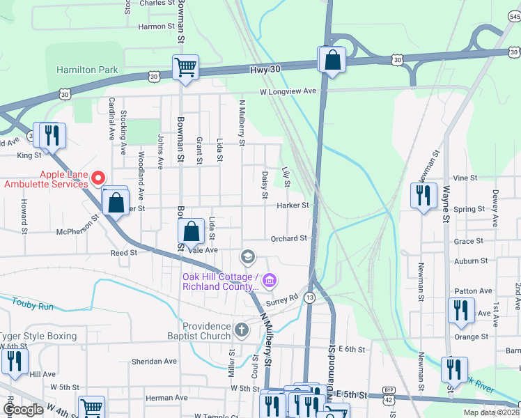 map of restaurants, bars, coffee shops, grocery stores, and more near 1844 Daisy Street in Mansfield