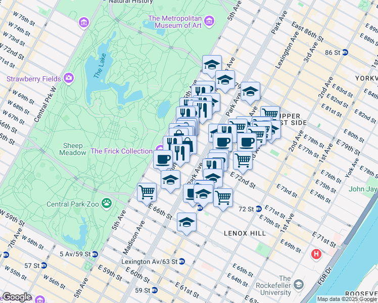 map of restaurants, bars, coffee shops, grocery stores, and more near 55 East 72nd Street in New York