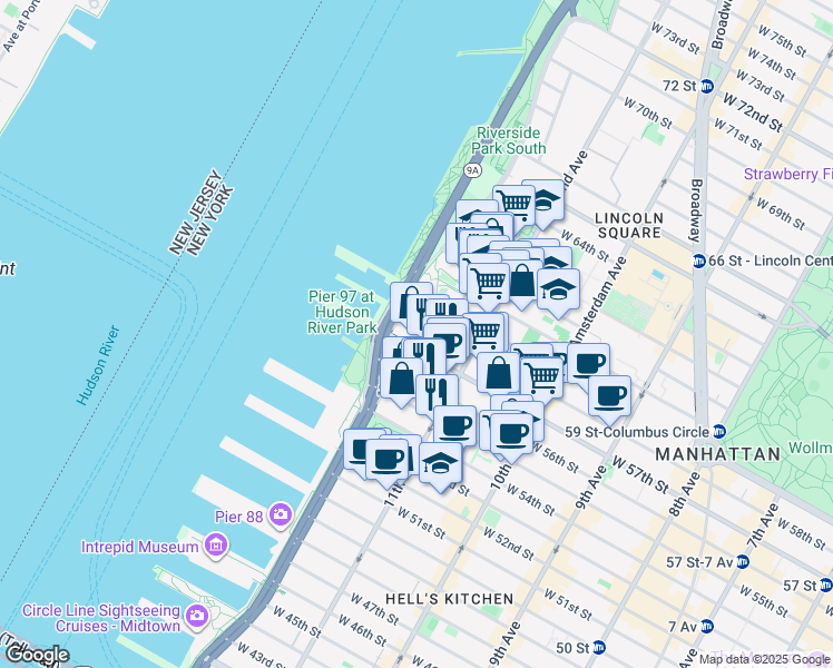 map of restaurants, bars, coffee shops, grocery stores, and more near 625 West 57th Street in New York