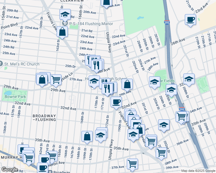 map of restaurants, bars, coffee shops, grocery stores, and more near 2806 172nd Street in Queens