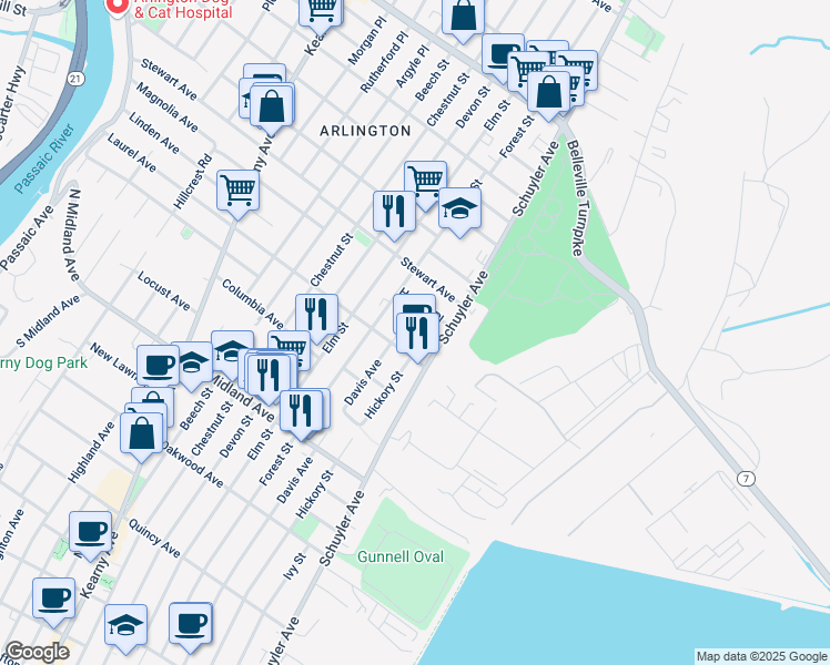 map of restaurants, bars, coffee shops, grocery stores, and more near 580 Davis Avenue in Kearny