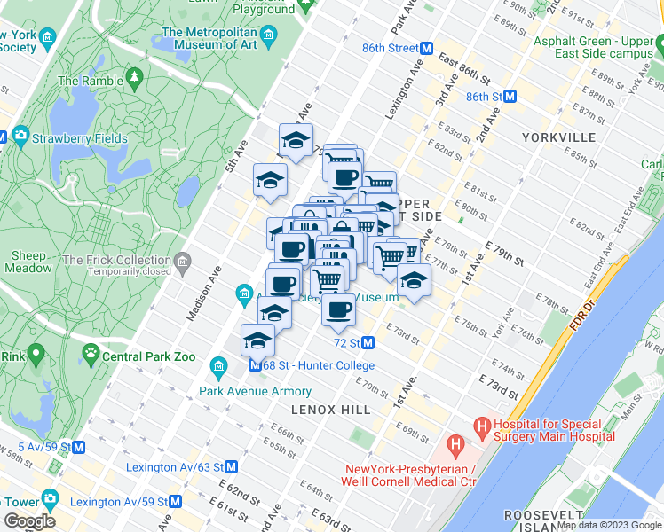map of restaurants, bars, coffee shops, grocery stores, and more near 169 East 74th Street in New York