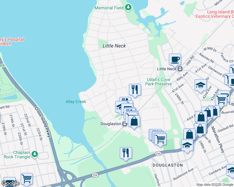 map of restaurants, bars, coffee shops, grocery stores, and more near 38-55 235th Street in Queens