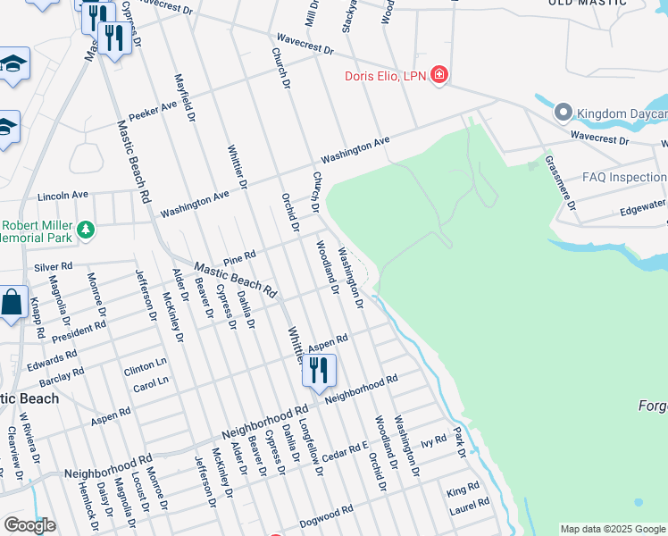 map of restaurants, bars, coffee shops, grocery stores, and more near 183 Woodland Drive in Mastic Beach