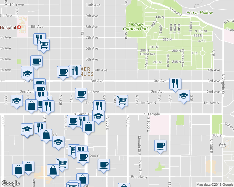 map of restaurants, bars, coffee shops, grocery stores, and more near 90 L Street East in Salt Lake City