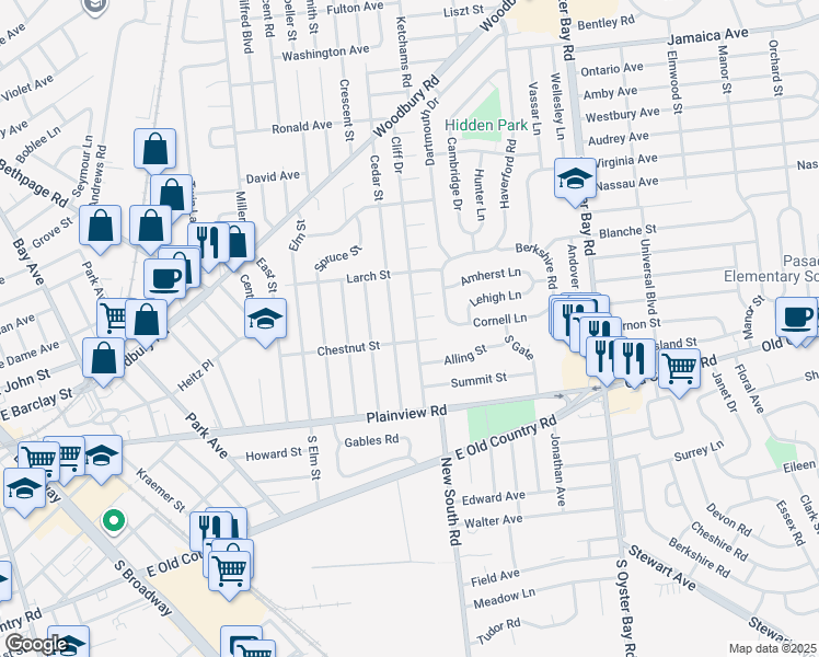 map of restaurants, bars, coffee shops, grocery stores, and more near 30 Cliff Dr in Hicksville