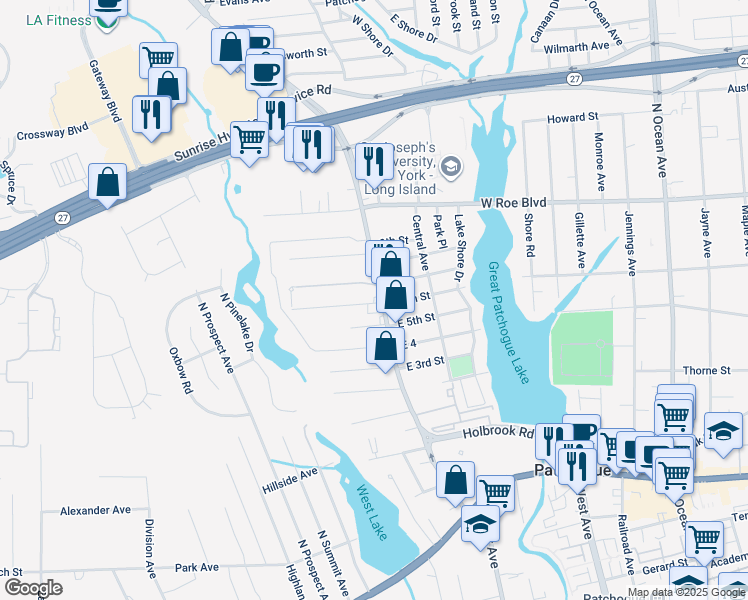 map of restaurants, bars, coffee shops, grocery stores, and more near 200 Waverly Avenue in Patchogue