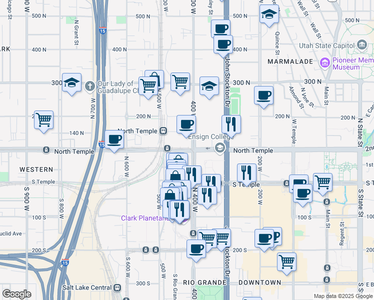 map of restaurants, bars, coffee shops, grocery stores, and more near 101 North 400 West in Salt Lake City