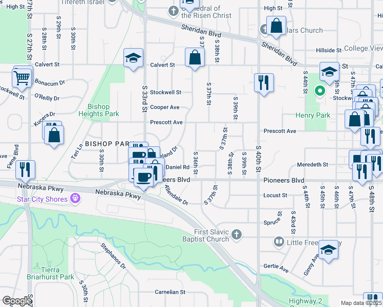 map of restaurants, bars, coffee shops, grocery stores, and more near 4201 South 36th Street in Lincoln