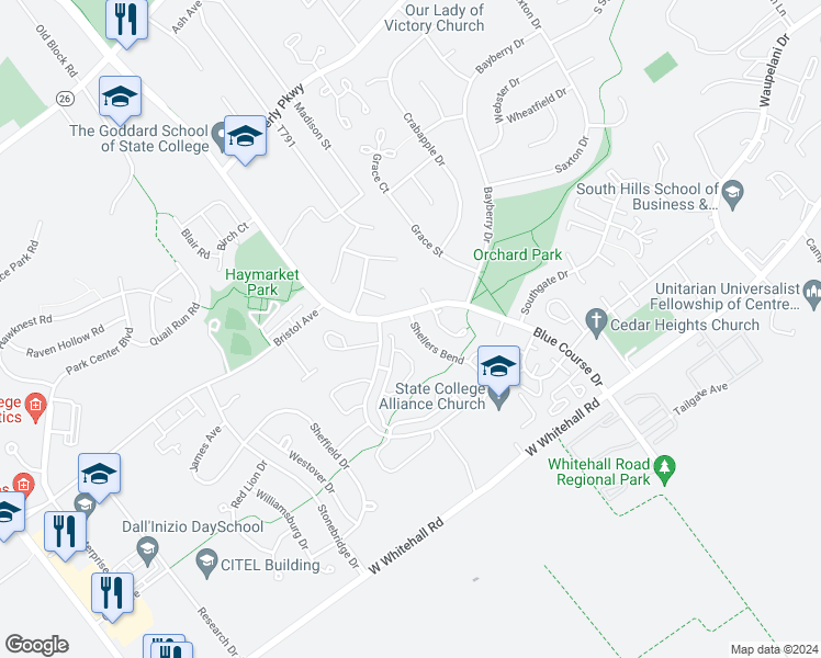 map of restaurants, bars, coffee shops, grocery stores, and more near 3112 Shellers Bend in State College