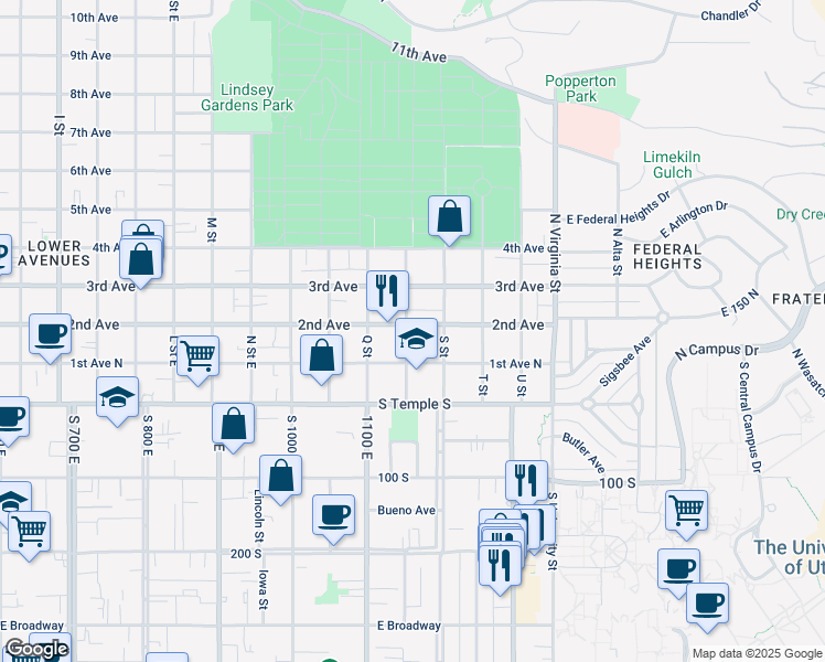 map of restaurants, bars, coffee shops, grocery stores, and more near 1054 East 2nd Avenue in Salt Lake City