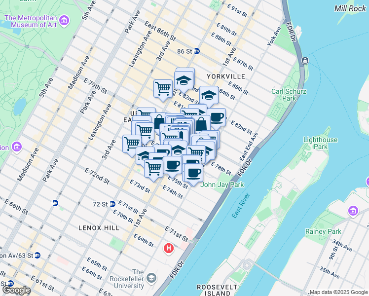 map of restaurants, bars, coffee shops, grocery stores, and more near 399 East 78th Street in New York