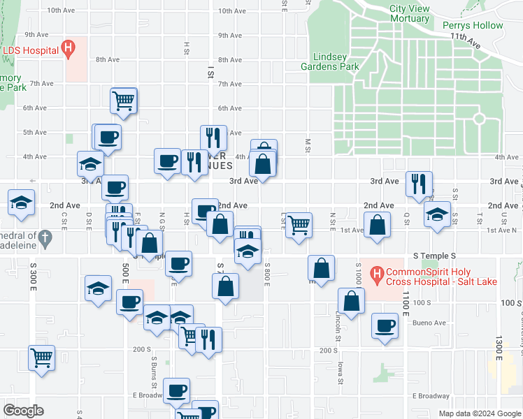 map of restaurants, bars, coffee shops, grocery stores, and more near 88 K Street East in Salt Lake City