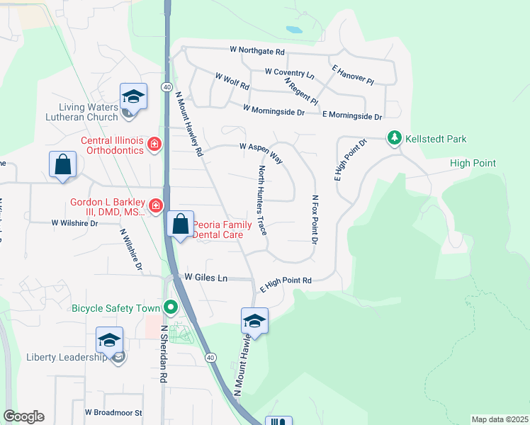 map of restaurants, bars, coffee shops, grocery stores, and more near 6916 North Hunters Trace in Peoria