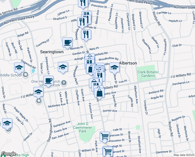 map of restaurants, bars, coffee shops, grocery stores, and more near 1042 Willis Avenue in Albertson