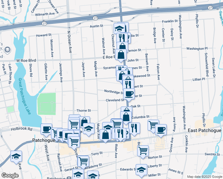map of restaurants, bars, coffee shops, grocery stores, and more near 37 Northridge Street in Patchogue