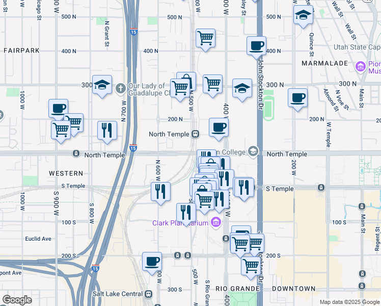 map of restaurants, bars, coffee shops, grocery stores, and more near 500 West North Temple Street in Salt Lake City