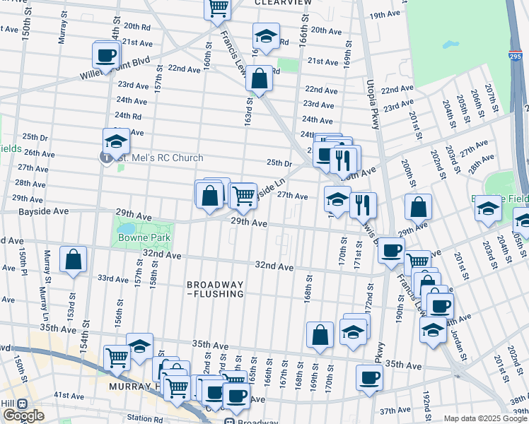 map of restaurants, bars, coffee shops, grocery stores, and more near 27-30 165th Street in Queens