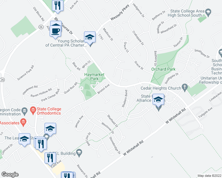 map of restaurants, bars, coffee shops, grocery stores, and more near 920 Thoroughbred Crossing in State College