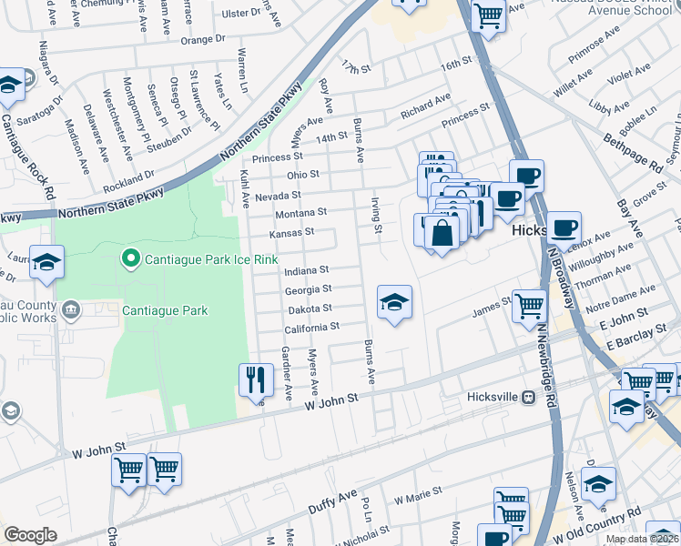 map of restaurants, bars, coffee shops, grocery stores, and more near 12 Indiana Street in Hicksville