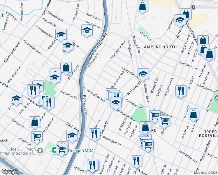 map of restaurants, bars, coffee shops, grocery stores, and more near 258 Rutledge Avenue in East Orange