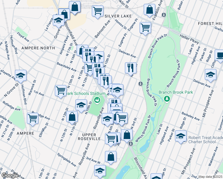 map of restaurants, bars, coffee shops, grocery stores, and more near 597 North 8th Street in Newark