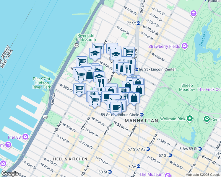 map of restaurants, bars, coffee shops, grocery stores, and more near 161 West 61st Street in New York