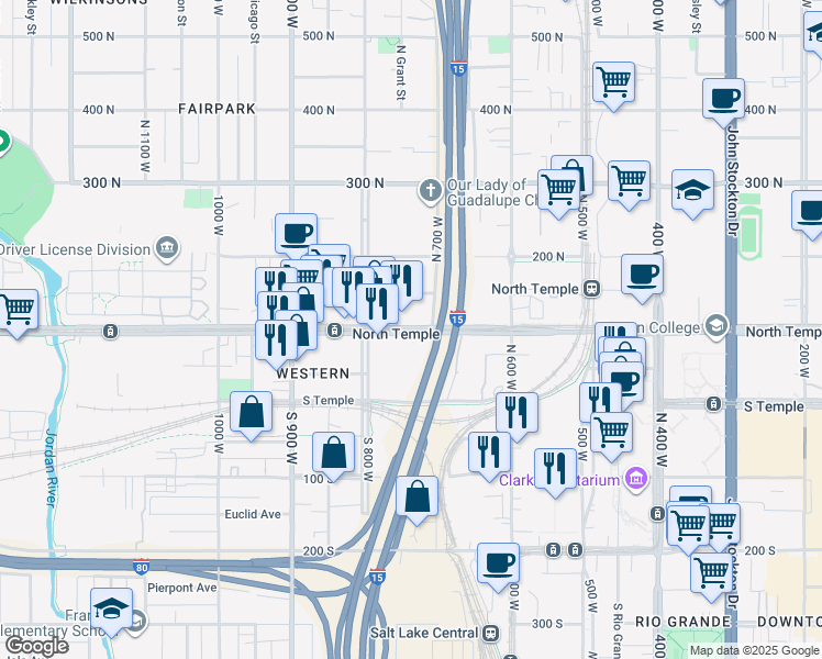 map of restaurants, bars, coffee shops, grocery stores, and more near 755 W North Temple in Salt Lake City