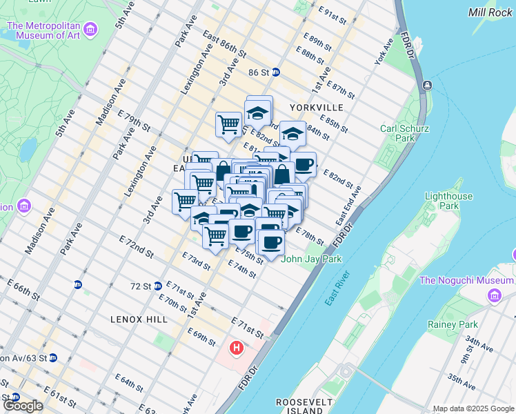 map of restaurants, bars, coffee shops, grocery stores, and more near 397 East 78th Street in New York