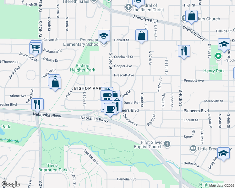 map of restaurants, bars, coffee shops, grocery stores, and more near 3330 Loveland Drive in Lincoln