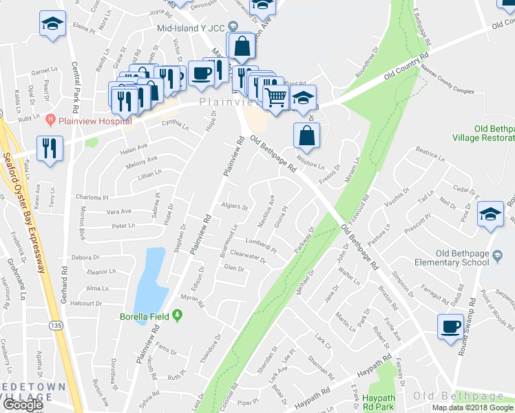 map of restaurants, bars, coffee shops, grocery stores, and more near 54 Briarwood Lane in Plainview