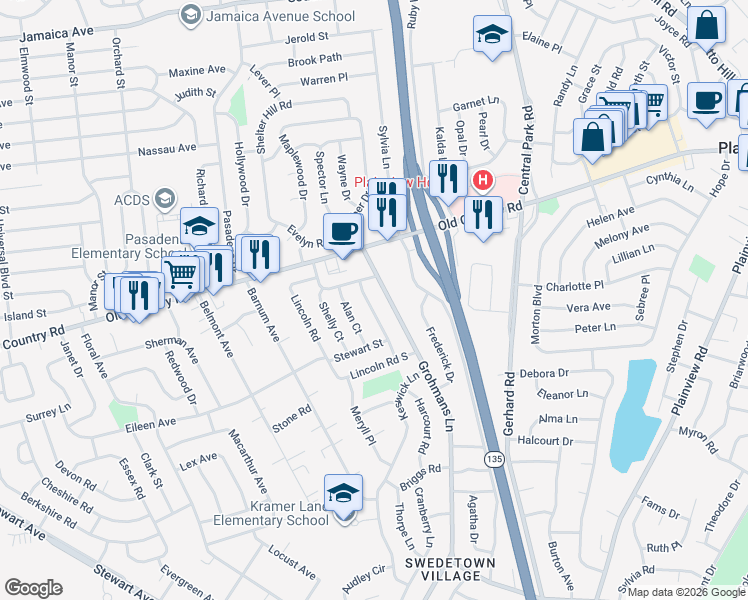 map of restaurants, bars, coffee shops, grocery stores, and more near 127 Lincoln Road in Plainview
