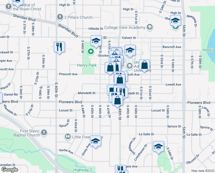 map of restaurants, bars, coffee shops, grocery stores, and more near 4645 Lowell Avenue in Lincoln