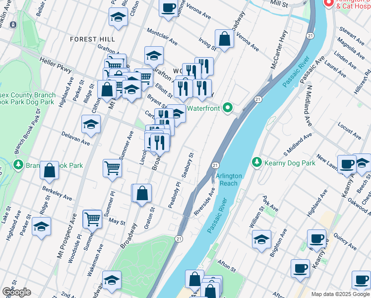 map of restaurants, bars, coffee shops, grocery stores, and more near 50 Elwood Avenue in Newark