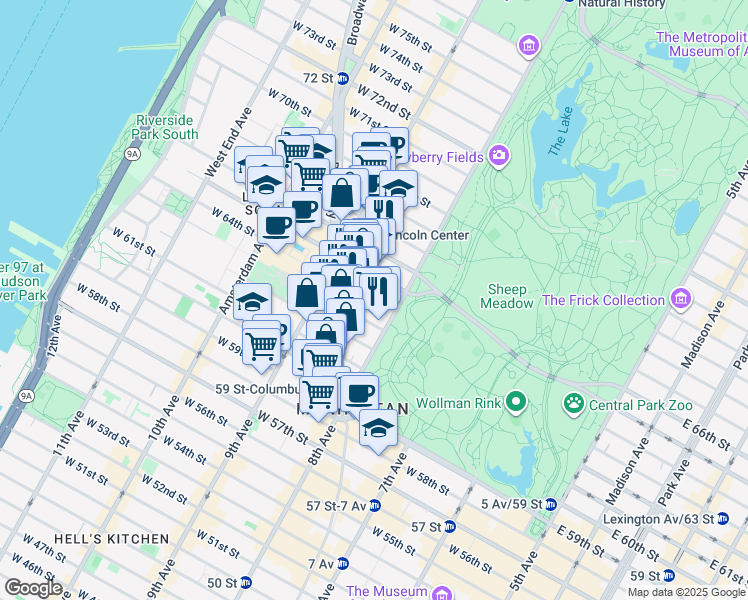 map of restaurants, bars, coffee shops, grocery stores, and more near 30 West 64th Street in New York