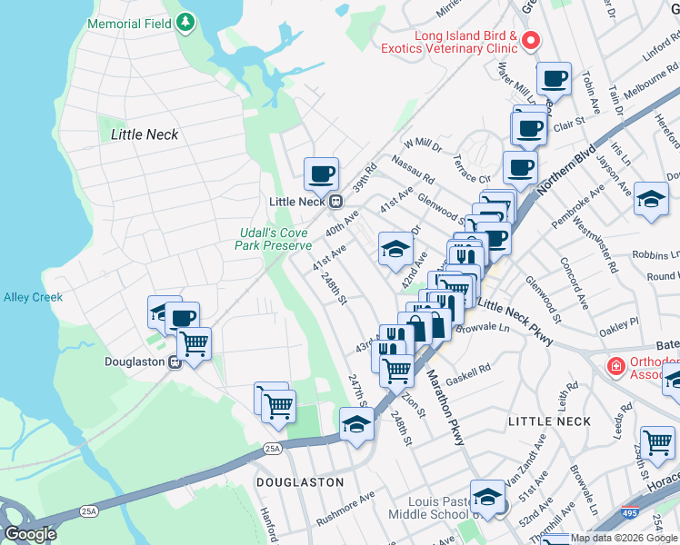 map of restaurants, bars, coffee shops, grocery stores, and more near 41-22 249th Street in Queens