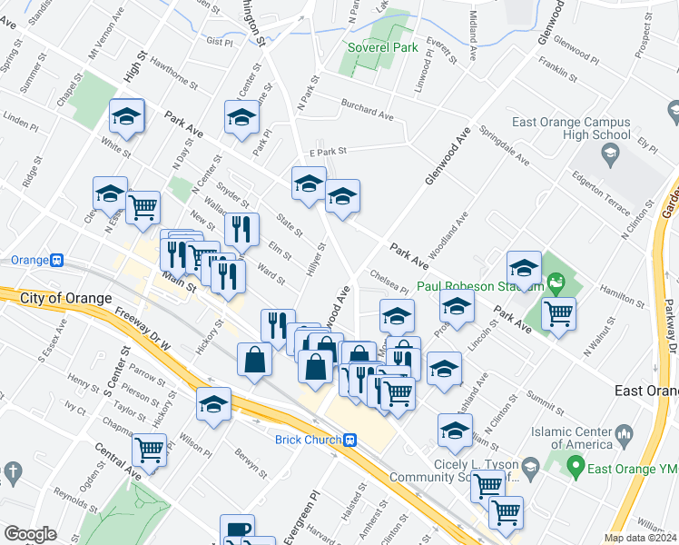 map of restaurants, bars, coffee shops, grocery stores, and more near 65 Washington Street in East Orange