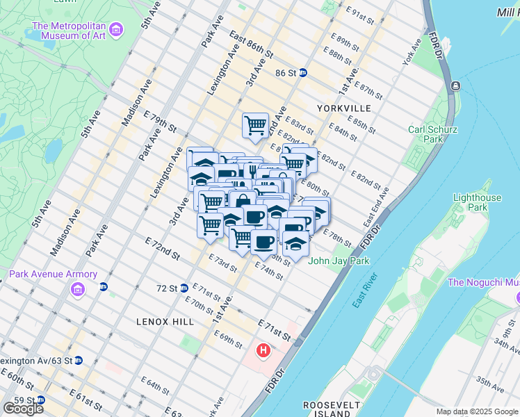 map of restaurants, bars, coffee shops, grocery stores, and more near 341 East 77th Street in New York