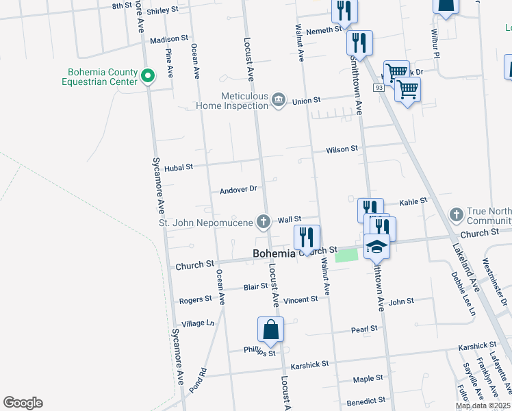 map of restaurants, bars, coffee shops, grocery stores, and more near 1200 Locust Avenue in Bohemia