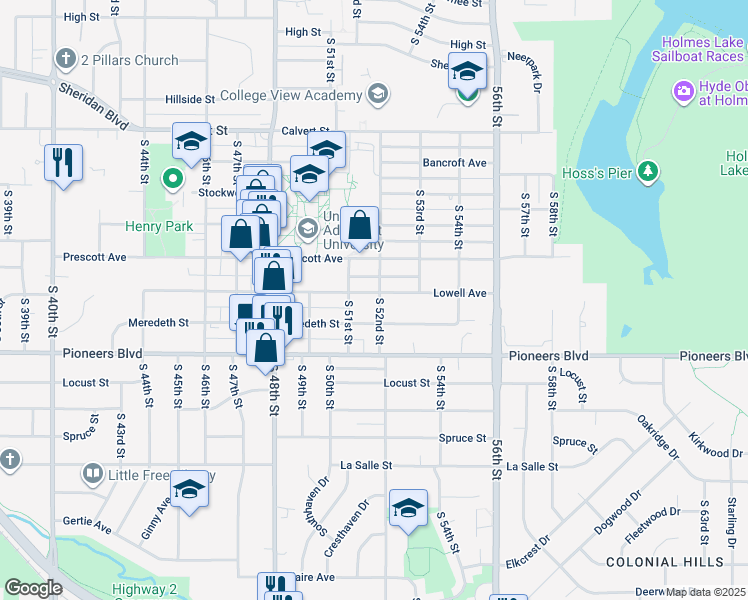 map of restaurants, bars, coffee shops, grocery stores, and more near 4103 South 52nd Street in Lincoln