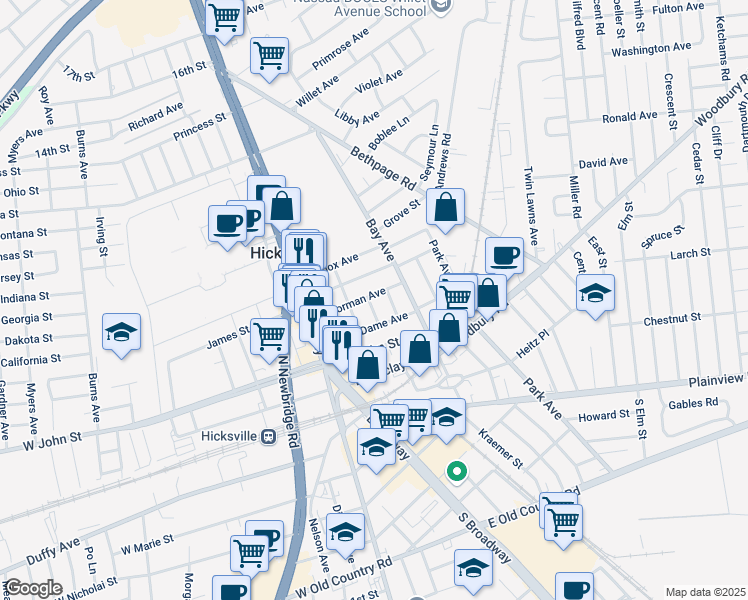 map of restaurants, bars, coffee shops, grocery stores, and more near 73 Thorman Avenue in Hicksville