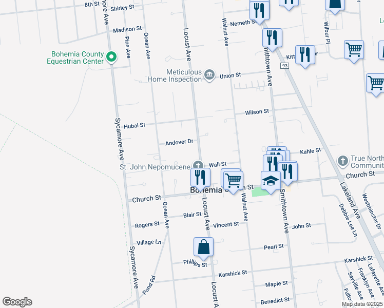 map of restaurants, bars, coffee shops, grocery stores, and more near 1200 Locust Avenue in Bohemia