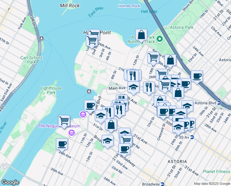 map of restaurants, bars, coffee shops, grocery stores, and more near 11-57 Welling Court in Queens