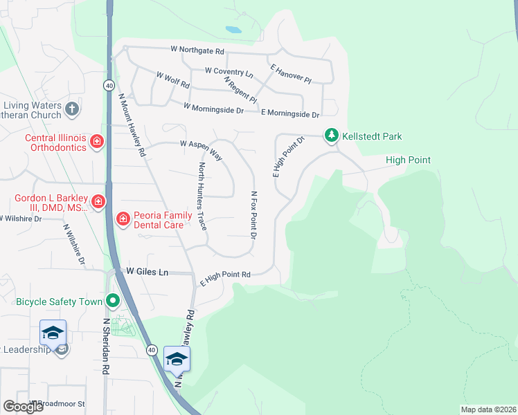 map of restaurants, bars, coffee shops, grocery stores, and more near 6930 North Fox Point Drive in Peoria
