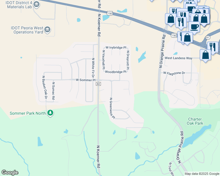 map of restaurants, bars, coffee shops, grocery stores, and more near 6815 North Greenwich Place in Peoria