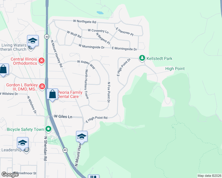 map of restaurants, bars, coffee shops, grocery stores, and more near 6930 North Fox Point Drive in Peoria