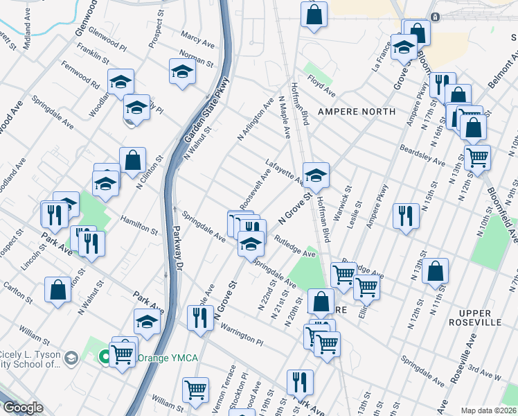 map of restaurants, bars, coffee shops, grocery stores, and more near 437 North Maple Avenue in East Orange