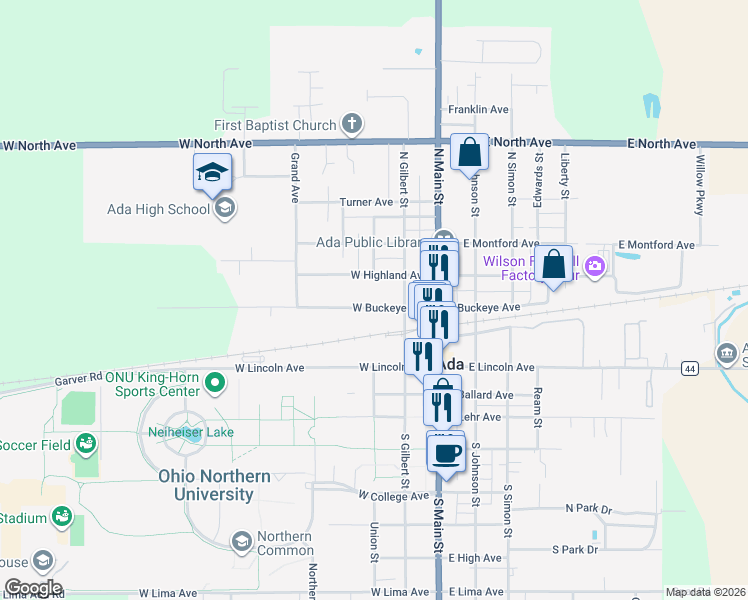 map of restaurants, bars, coffee shops, grocery stores, and more near 322 West Buckeye Avenue in Ada